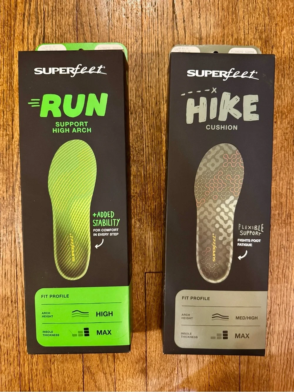Superfeet Run High-Arch &!Hike Cushion Insoles - 2 pairs - size E